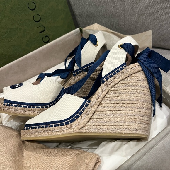 NEW Gucci GG Judie Lace Up Ballerina Espadrille Wedges - Picture 5 of 10
